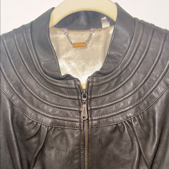 Doma Dark Deep Brown 3quarter sleeve Real Leather Jacket with Quilted Detail